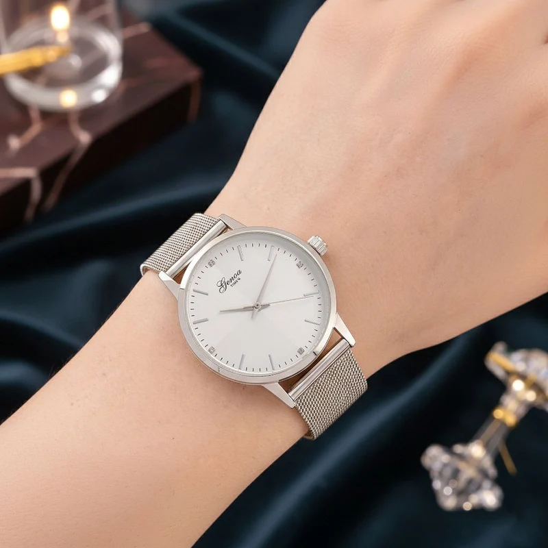 GENOA TIME - V2 Automatik Armbanduhr, Gehäuse 316 Edelstahl Sonnenschein Zifferblatt mit weißem Diamant Edelstahl Mesharmband, bicolor