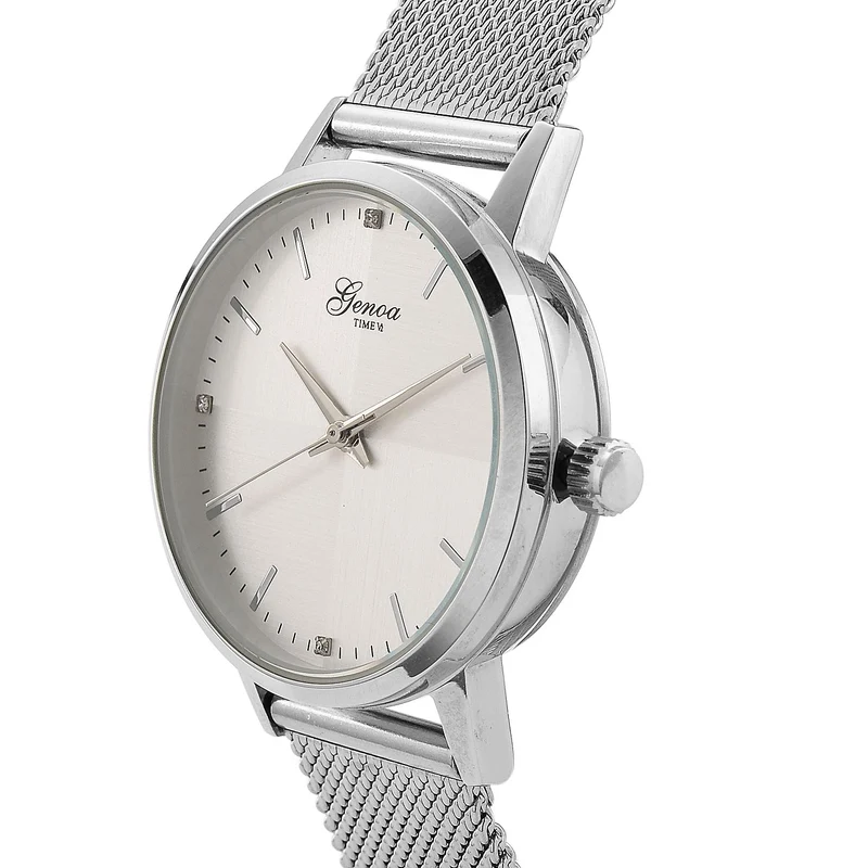 GENOA TIME - V2 Automatik Armbanduhr, Gehäuse 316 Edelstahl Sonnenschein Zifferblatt mit weißem Diamant Edelstahl Mesharmband, bicolor