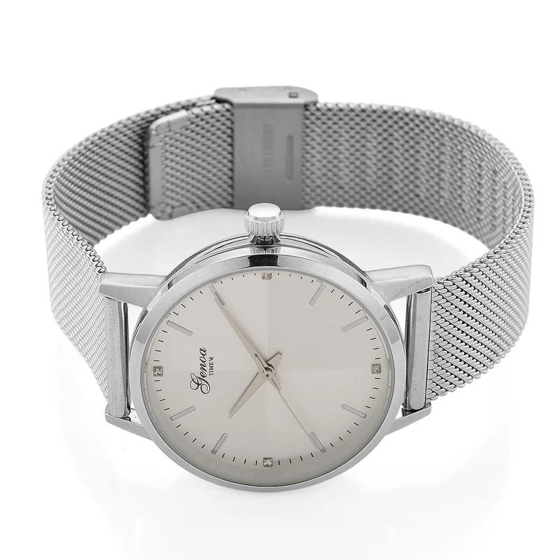 GENOA TIME - V2 Automatik Armbanduhr, Gehäuse 316 Edelstahl Sonnenschein Zifferblatt mit weißem Diamant Edelstahl Mesharmband, bicolor