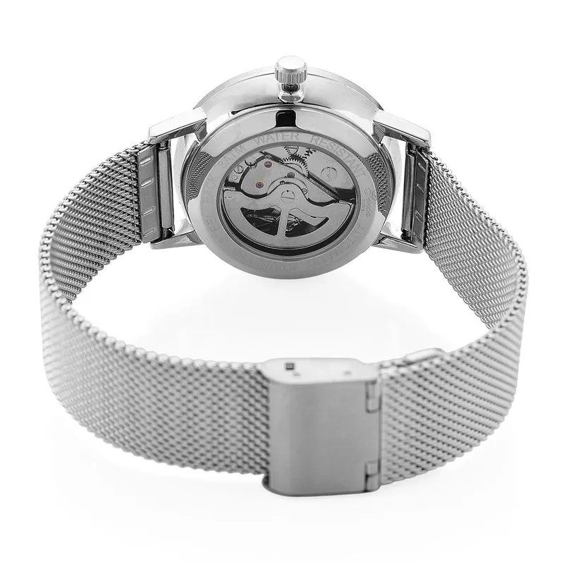 GENOA TIME - V2 Automatik Armbanduhr, Gehäuse 316 Edelstahl Sonnenschein Zifferblatt mit weißem Diamant Edelstahl Mesharmband, bicolor