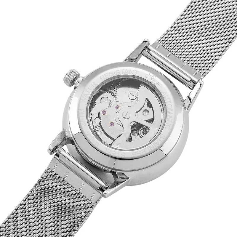 GENOA TIME - V2 Automatik Armbanduhr, Gehäuse 316 Edelstahl Sonnenschein Zifferblatt mit weißem Diamant Edelstahl Mesharmband, bicolor
