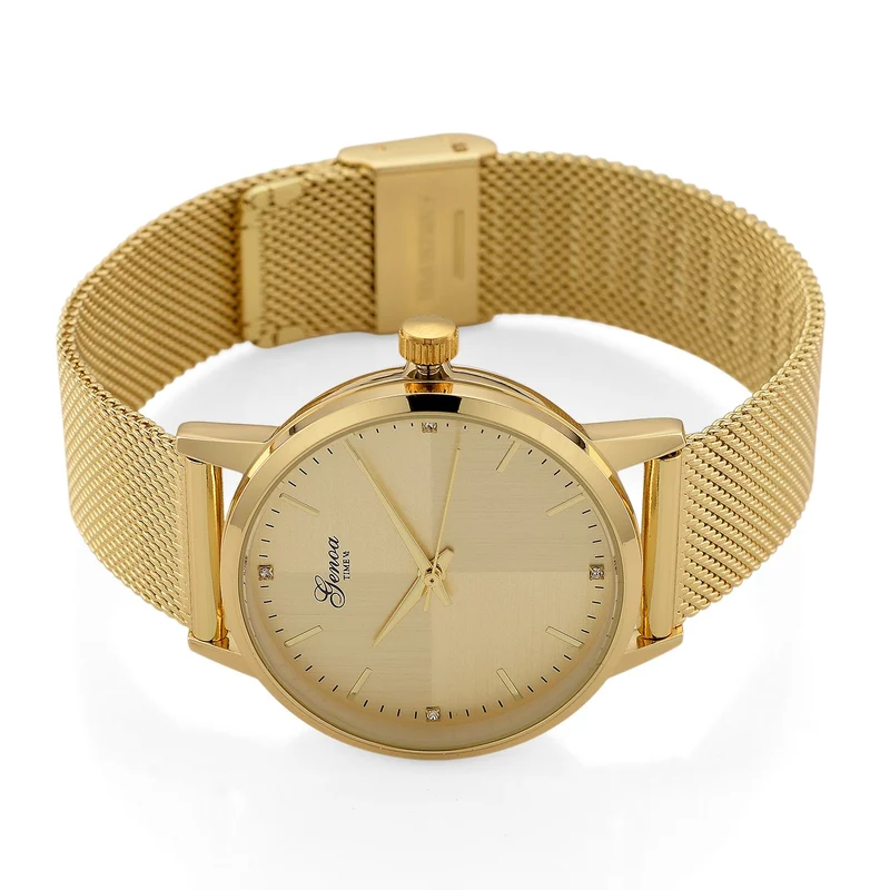 GENOA TIME - V2 Automatik Armbanduhr, Gehäuse 316 Edelstahl Sonnenschein Zifferblatt mit weißem Diamant Edelstahl Mesharmband, bicolor