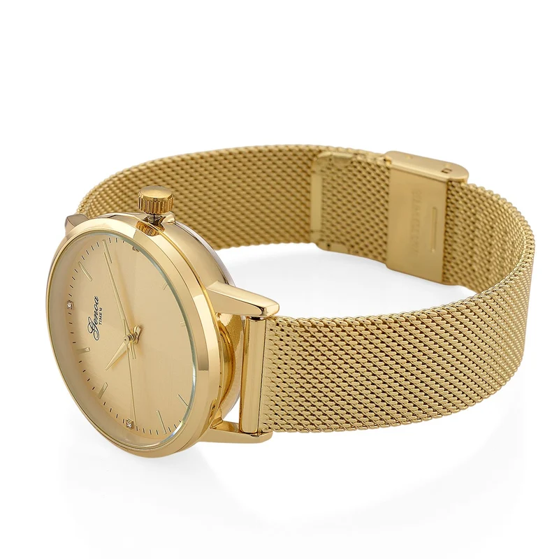 GENOA TIME - V2 Automatik Armbanduhr, Gehäuse 316 Edelstahl Sonnenschein Zifferblatt mit weißem Diamant Edelstahl Mesharmband, bicolor