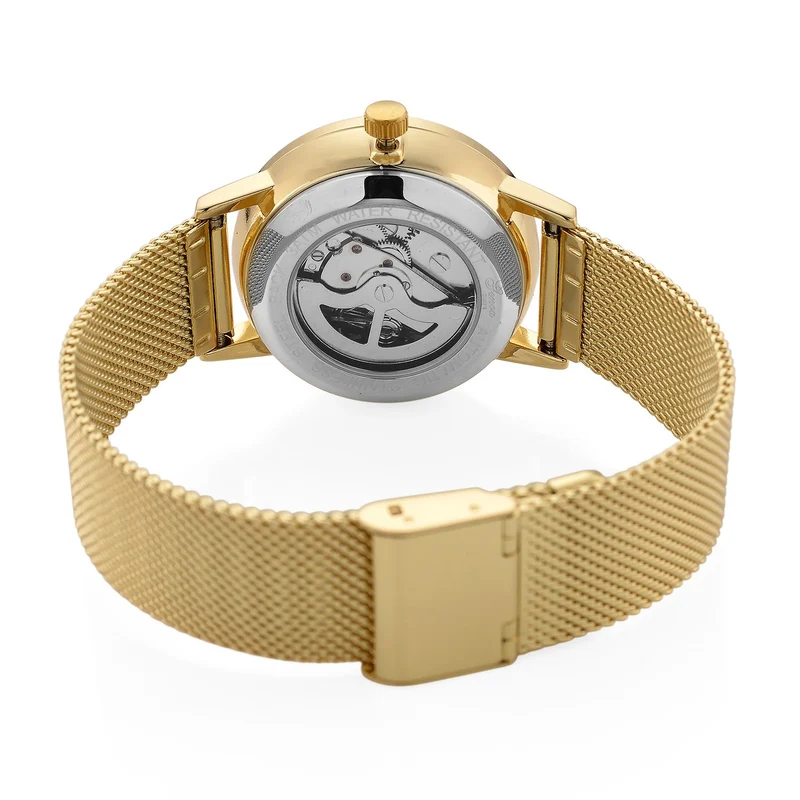 GENOA TIME - V2 Automatik Armbanduhr, Gehäuse 316 Edelstahl Sonnenschein Zifferblatt mit weißem Diamant Edelstahl Mesharmband, bicolor