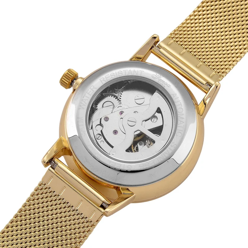 GENOA TIME - V2 Automatik Armbanduhr, Gehäuse 316 Edelstahl Sonnenschein Zifferblatt mit weißem Diamant Edelstahl Mesharmband, bicolor