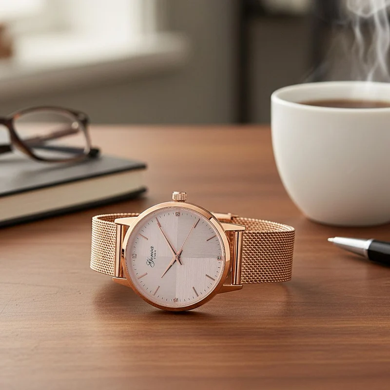 GENOA TIME - V2 Automatik Armbanduhr, Gehäuse 316 Edelstahl Sonnenschein Zifferblatt mit weißem Diamant Edelstahl Mesharmband, bicolor