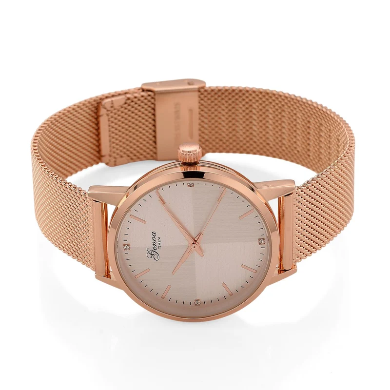 GENOA TIME - V2 Automatik Armbanduhr, Gehäuse 316 Edelstahl Sonnenschein Zifferblatt mit weißem Diamant Edelstahl Mesharmband, bicolor