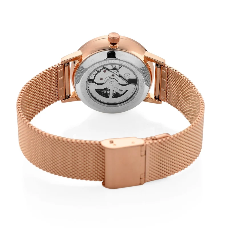 GENOA TIME - V2 Automatik Armbanduhr, Gehäuse 316 Edelstahl Sonnenschein Zifferblatt mit weißem Diamant Edelstahl Mesharmband, bicolor
