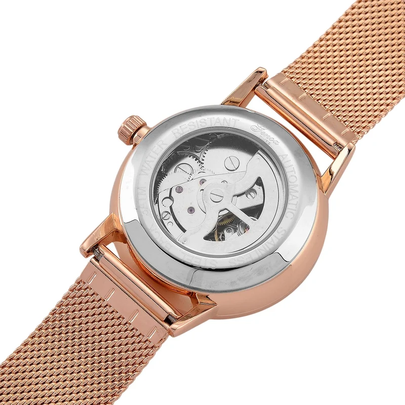 GENOA TIME - V2 Automatik Armbanduhr, Gehäuse 316 Edelstahl Sonnenschein Zifferblatt mit weißem Diamant Edelstahl Mesharmband, bicolor