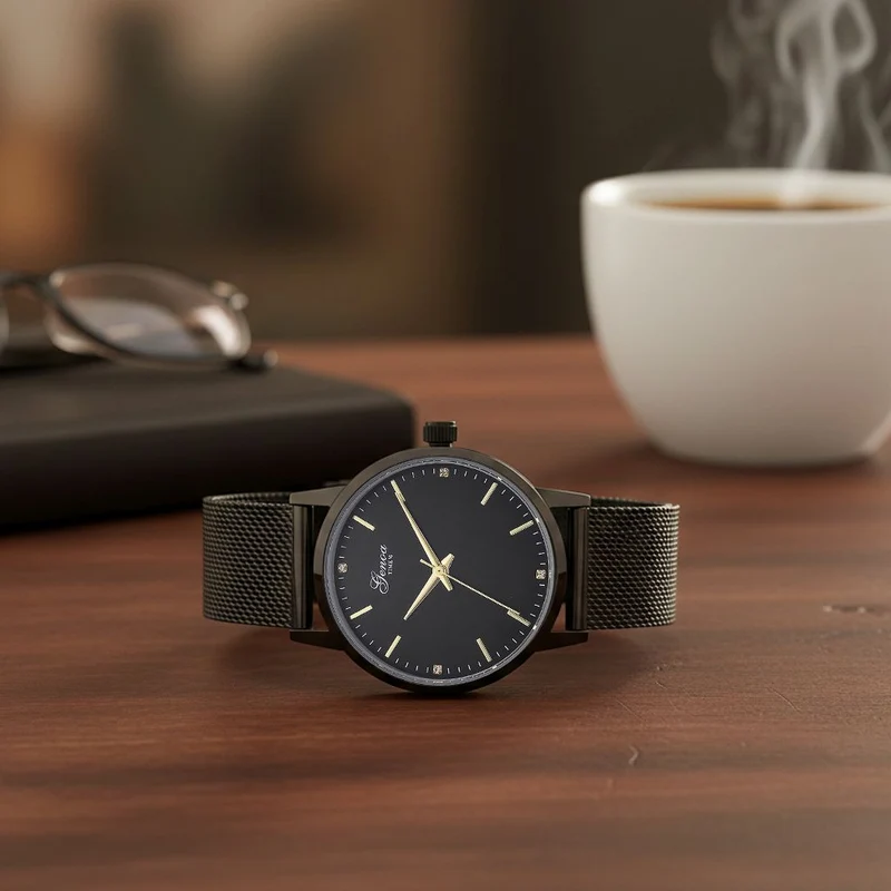 GENOA TIME - V2 Automatik Armbanduhr, Gehäuse 316 Edelstahl Sonnenschein Zifferblatt mit weißem Diamant Edelstahl Mesharmband, bicolor