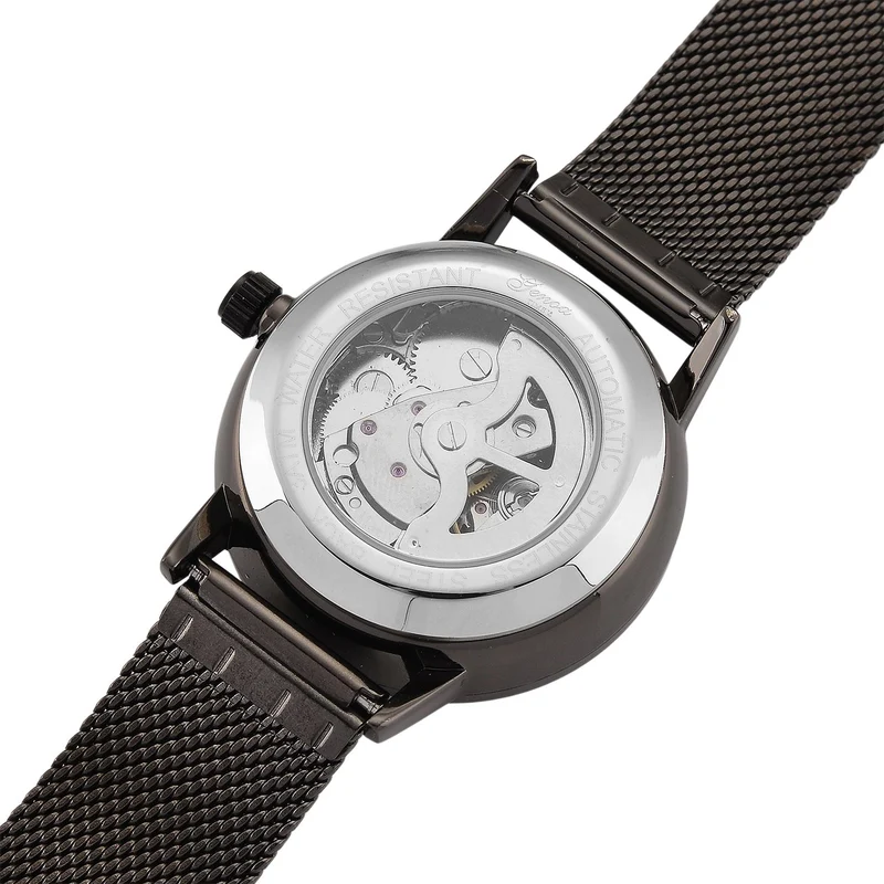 GENOA TIME - V2 Automatik Armbanduhr, Gehäuse 316 Edelstahl Sonnenschein Zifferblatt mit weißem Diamant Edelstahl Mesharmband, bicolor