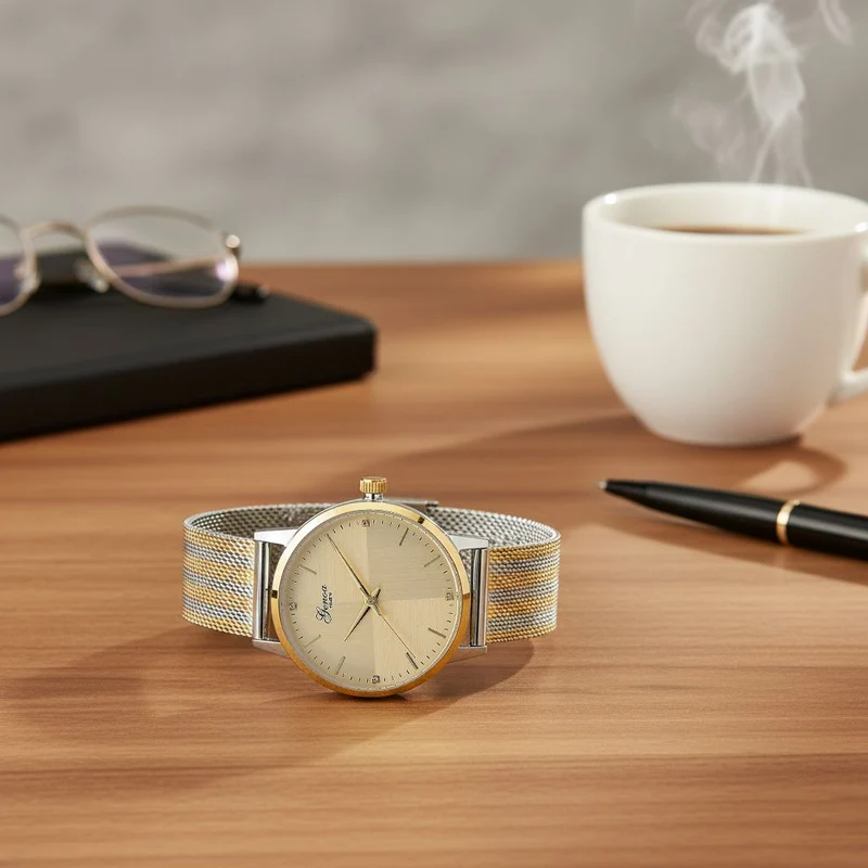 GENOA TIME - V2 Automatik Armbanduhr, Gehäuse 316 Edelstahl Sonnenschein Zifferblatt mit weißem Diamant Edelstahl Mesharmband, bicolor