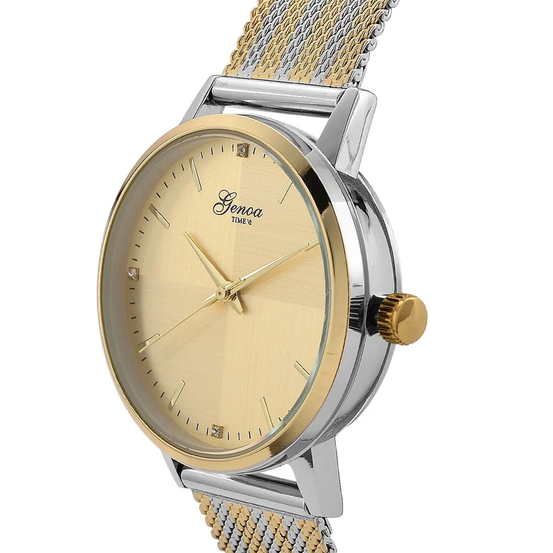 GENOA TIME - V2 Automatik Armbanduhr, Gehäuse 316 Edelstahl Sonnenschein Zifferblatt mit weißem Diamant Edelstahl Mesharmband, bicolor