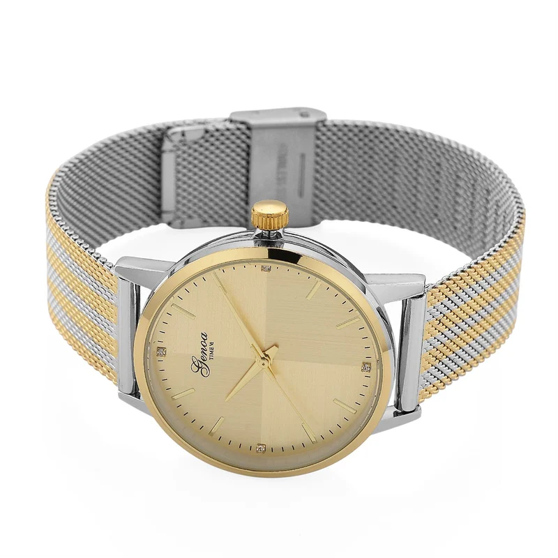 GENOA TIME - V2 Automatik Armbanduhr, Gehäuse 316 Edelstahl Sonnenschein Zifferblatt mit weißem Diamant Edelstahl Mesharmband, bicolor