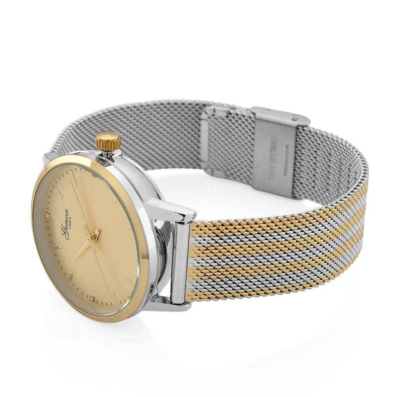 GENOA TIME - V2 Automatik Armbanduhr, Gehäuse 316 Edelstahl Sonnenschein Zifferblatt mit weißem Diamant Edelstahl Mesharmband, bicolor
