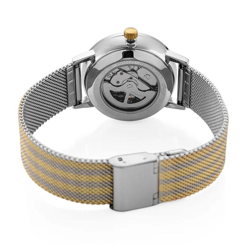 GENOA TIME - V2 Automatik Armbanduhr, Gehäuse 316 Edelstahl Sonnenschein Zifferblatt mit weißem Diamant Edelstahl Mesharmband, bicolor