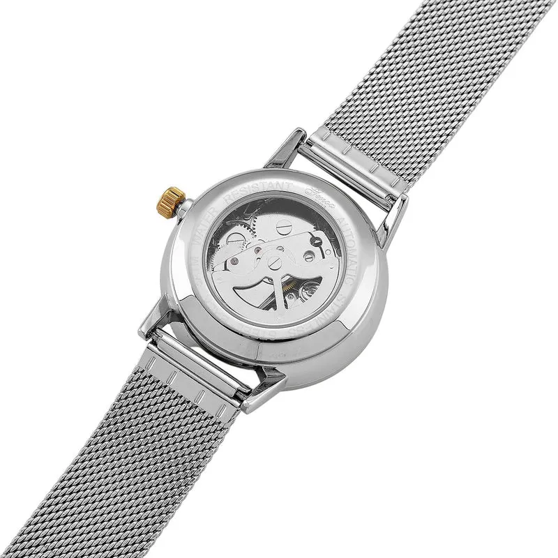 GENOA TIME - V2 Automatik Armbanduhr, Gehäuse 316 Edelstahl Sonnenschein Zifferblatt mit weißem Diamant Edelstahl Mesharmband, bicolor