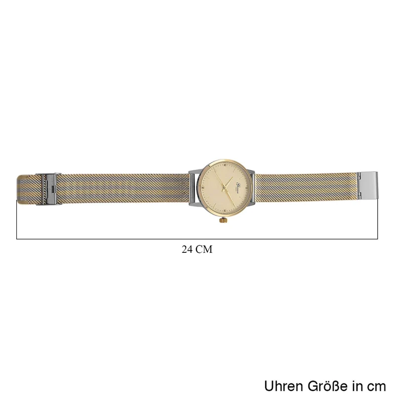 GENOA TIME - V2 Automatik Armbanduhr, Gehäuse 316 Edelstahl Sonnenschein Zifferblatt mit weißem Diamant Edelstahl Mesharmband, bicolor