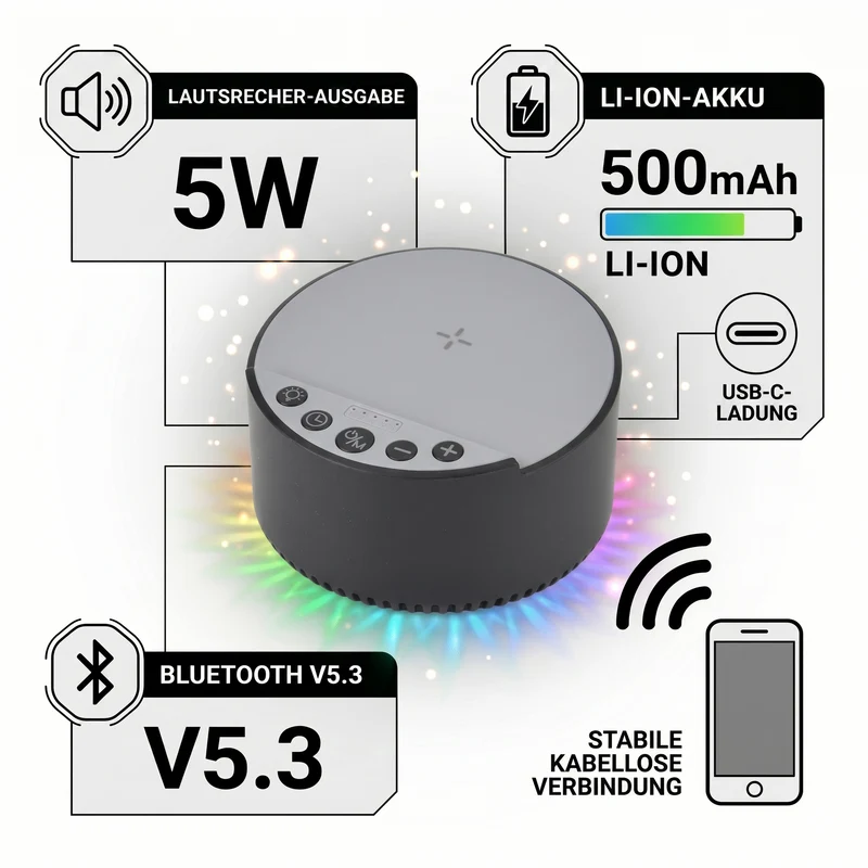 LIVMORE 5-in-1 Soundlight Lautsprecher mit Wireless Charger und RGB Licht, Schwarz