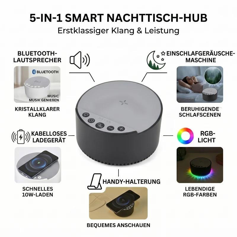 LIVMORE 5-in-1 Soundlight Lautsprecher mit Wireless Charger und RGB Licht, Schwarz