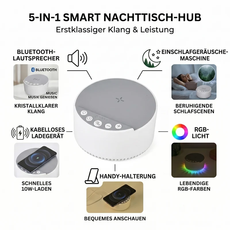 LIVMORE 5-in-1 Soundlight Lautsprecher mit Wireless Charger und RGB Licht, Schwarz