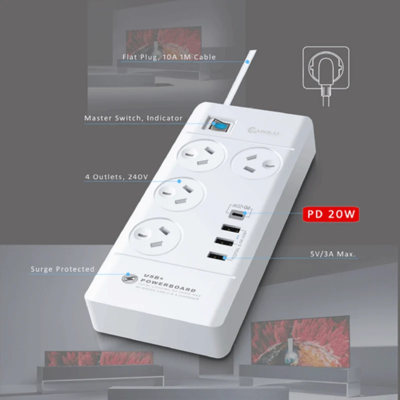 Sansai 4 Outlet Usb A And Usb C Powerboard With 20w Usb C Pd