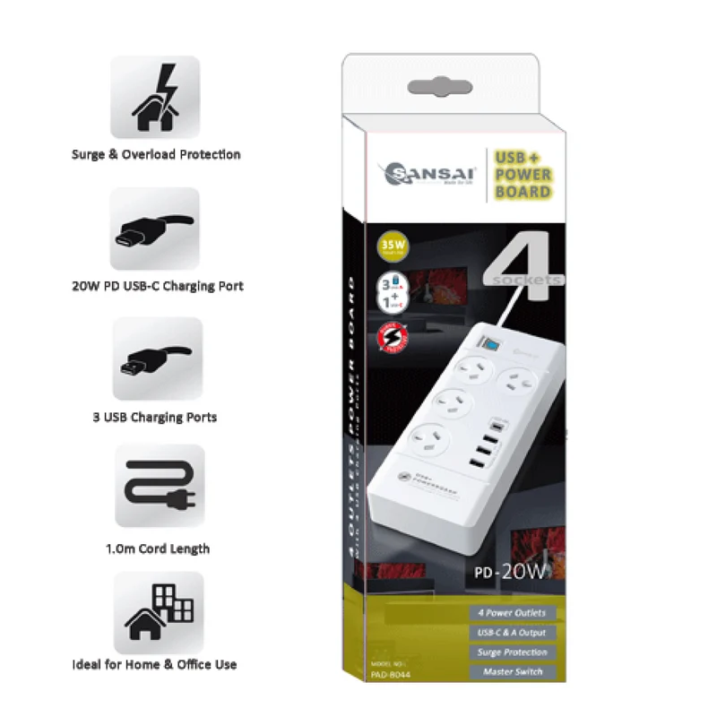 Sansai 4 Outlet Usb A And Usb C Powerboard With 20w Usb C Pd
