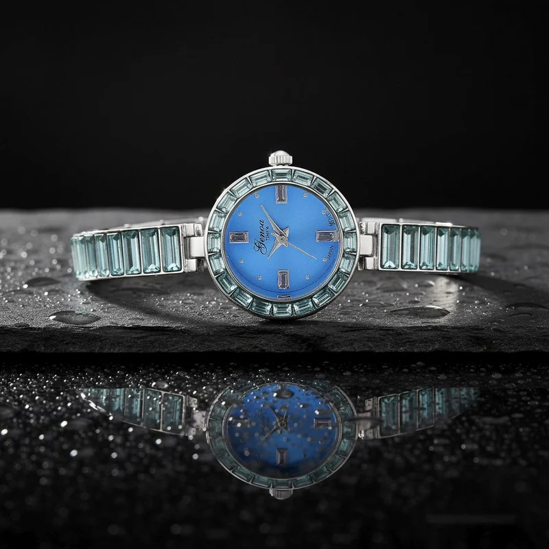 GENOA Time V2, Aquamarin-farbene Zirkonia, Kristalluhr, japanisches Uhrwerk, 316L Edelstahl, Blau