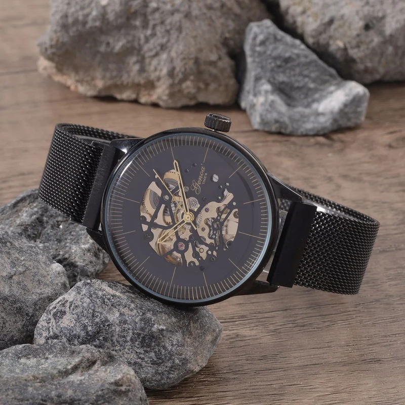GENOA Automatik Mechanische Uhr mit Schwarzem Sonnenschein-Hohlzifferblatt und Modernem Minimalistischem Runddesign