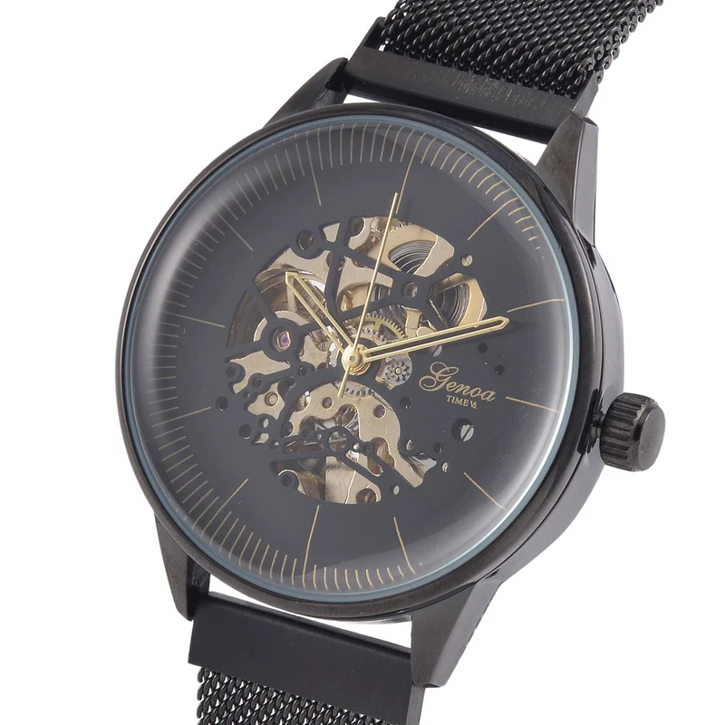 GENOA Automatik Mechanische Uhr mit Schwarzem Sonnenschein-Hohlzifferblatt und Modernem Minimalistischem Runddesign