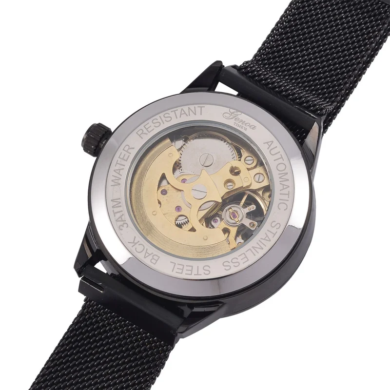 GENOA Automatik Mechanische Uhr mit Schwarzem Sonnenschein-Hohlzifferblatt und Modernem Minimalistischem Runddesign