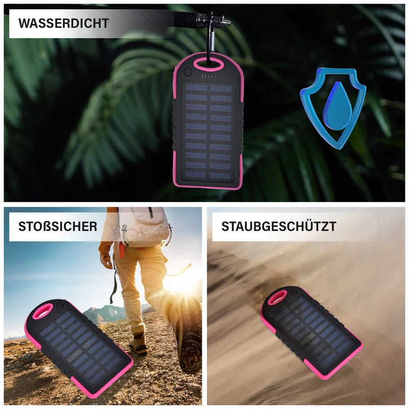 Multifunktionale Solar-Powerbank mit LED-Taschenlampe und Leistungsanzeige, 5000 Mah, USB- und Micro-USB-Anschluss, Schwarz