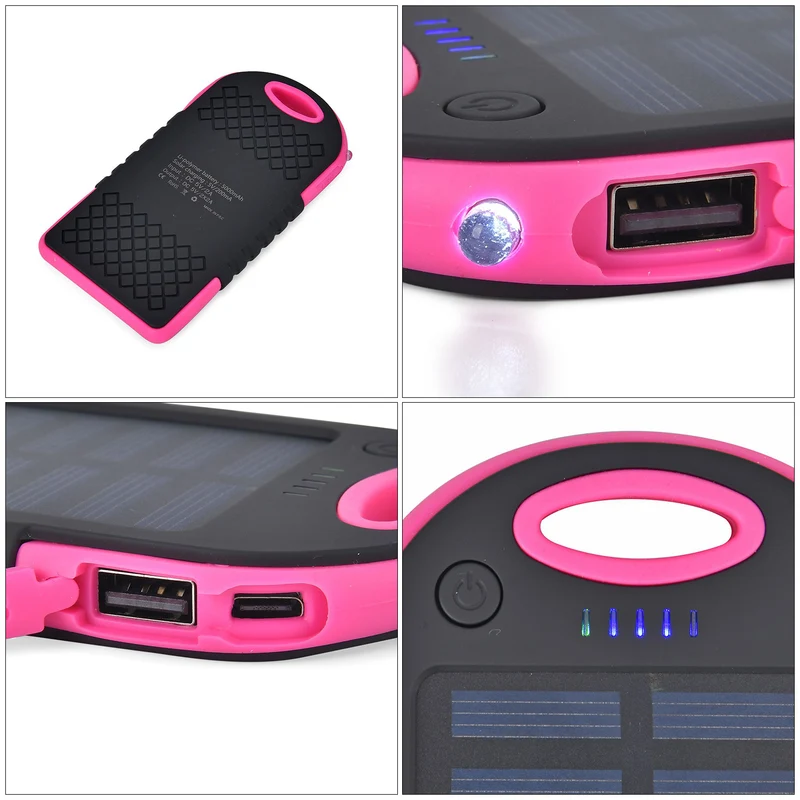 Multifunktionale Solar-Powerbank mit LED-Taschenlampe und Leistungsanzeige, 5000 Mah, USB- und Micro-USB-Anschluss, Schwarz