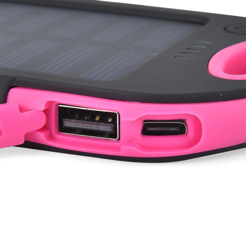 Multifunktionale Solar-Powerbank mit LED-Taschenlampe und Leistungsanzeige, 5000 Mah, USB- und Micro-USB-Anschluss, Schwarz