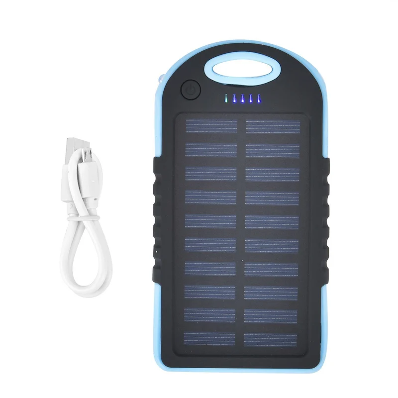 Multifunktionale Solar-Powerbank mit LED-Taschenlampe und Leistungsanzeige, 5000 Mah, USB- und Micro-USB-Anschluss, Schwarz