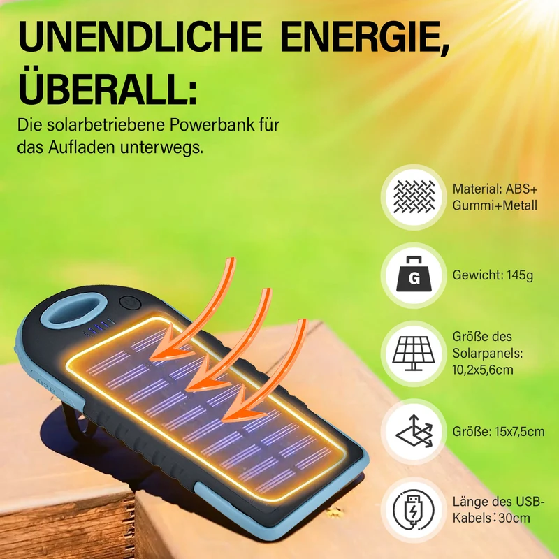 Multifunktionale Solar-Powerbank mit LED-Taschenlampe und Leistungsanzeige, 5000 Mah, USB- und Micro-USB-Anschluss, Schwarz