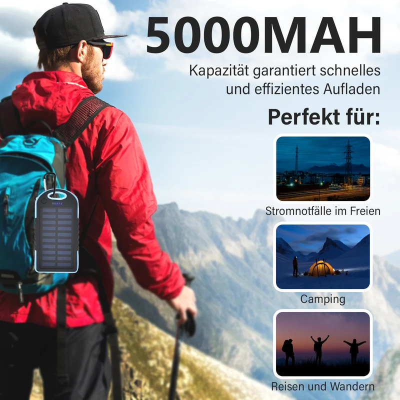 Multifunktionale Solar-Powerbank mit LED-Taschenlampe und Leistungsanzeige, 5000 Mah, USB- und Micro-USB-Anschluss, Schwarz