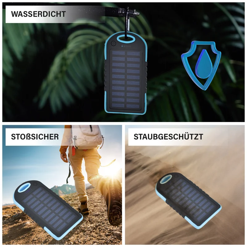 Multifunktionale Solar-Powerbank mit LED-Taschenlampe und Leistungsanzeige, 5000 Mah, USB- und Micro-USB-Anschluss, Schwarz