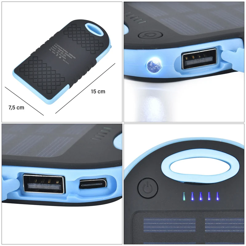 Multifunktionale Solar-Powerbank mit LED-Taschenlampe und Leistungsanzeige, 5000 Mah, USB- und Micro-USB-Anschluss, Schwarz
