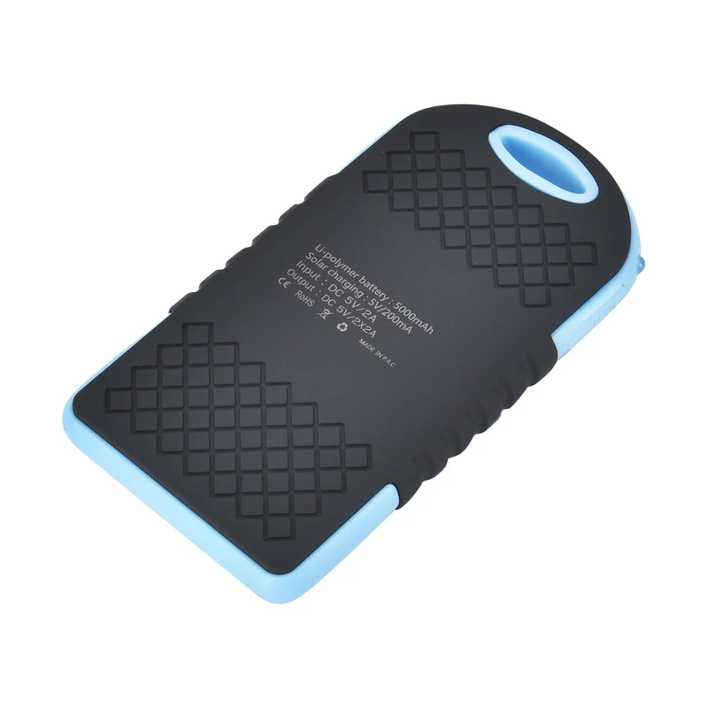 Multifunktionale Solar-Powerbank mit LED-Taschenlampe und Leistungsanzeige, 5000 Mah, USB- und Micro-USB-Anschluss, Schwarz