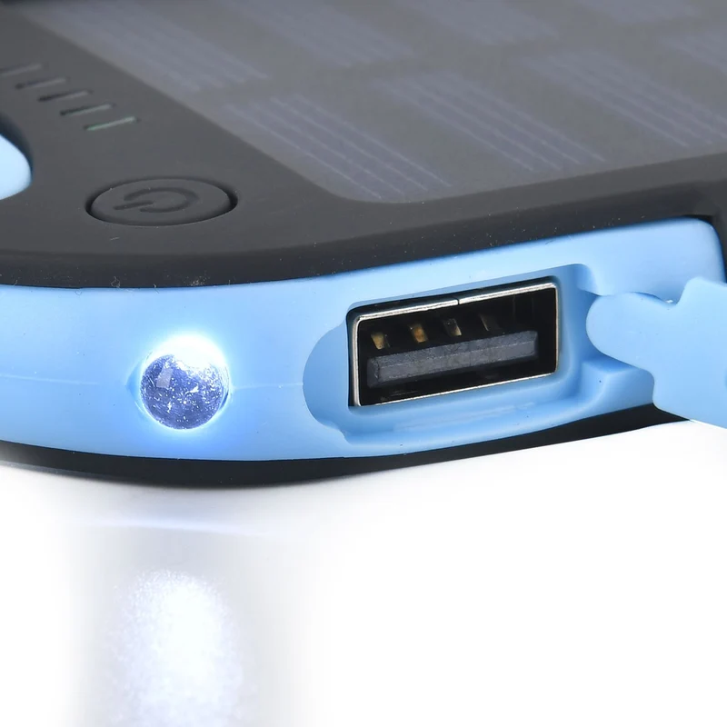 Multifunktionale Solar-Powerbank mit LED-Taschenlampe und Leistungsanzeige, 5000 Mah, USB- und Micro-USB-Anschluss, Schwarz