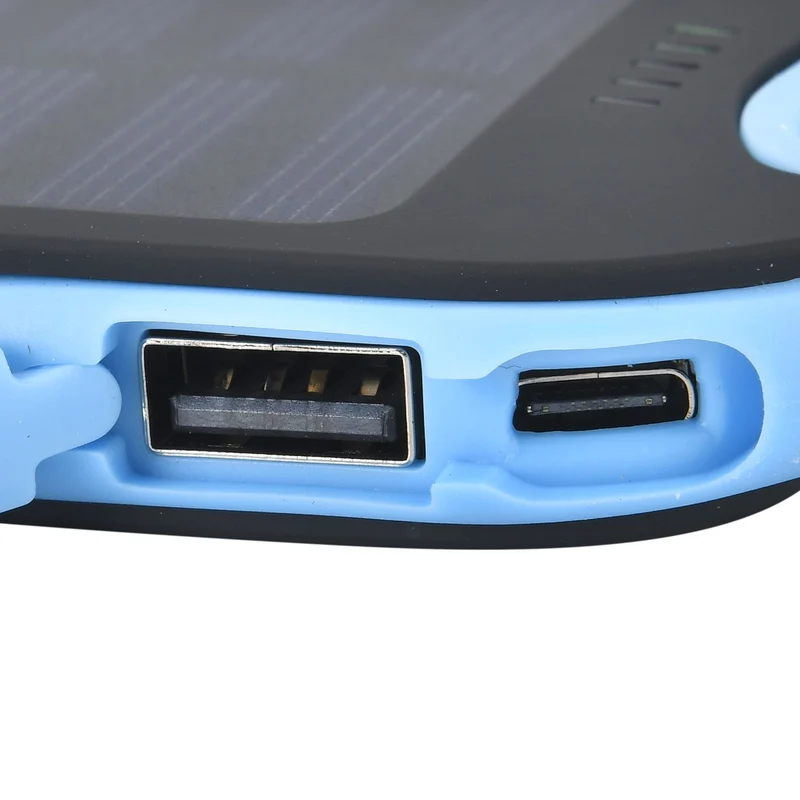 Multifunktionale Solar-Powerbank mit LED-Taschenlampe und Leistungsanzeige, 5000 Mah, USB- und Micro-USB-Anschluss, Schwarz