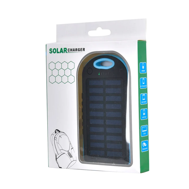 Multifunktionale Solar-Powerbank mit LED-Taschenlampe und Leistungsanzeige, 5000 Mah, USB- und Micro-USB-Anschluss, Schwarz
