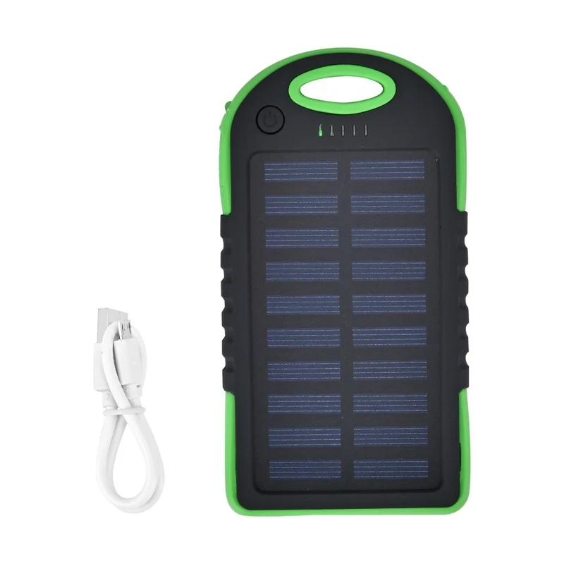 Multifunktionale Solar-Powerbank mit LED-Taschenlampe und Leistungsanzeige, 5000 Mah, USB- und Micro-USB-Anschluss, Schwarz
