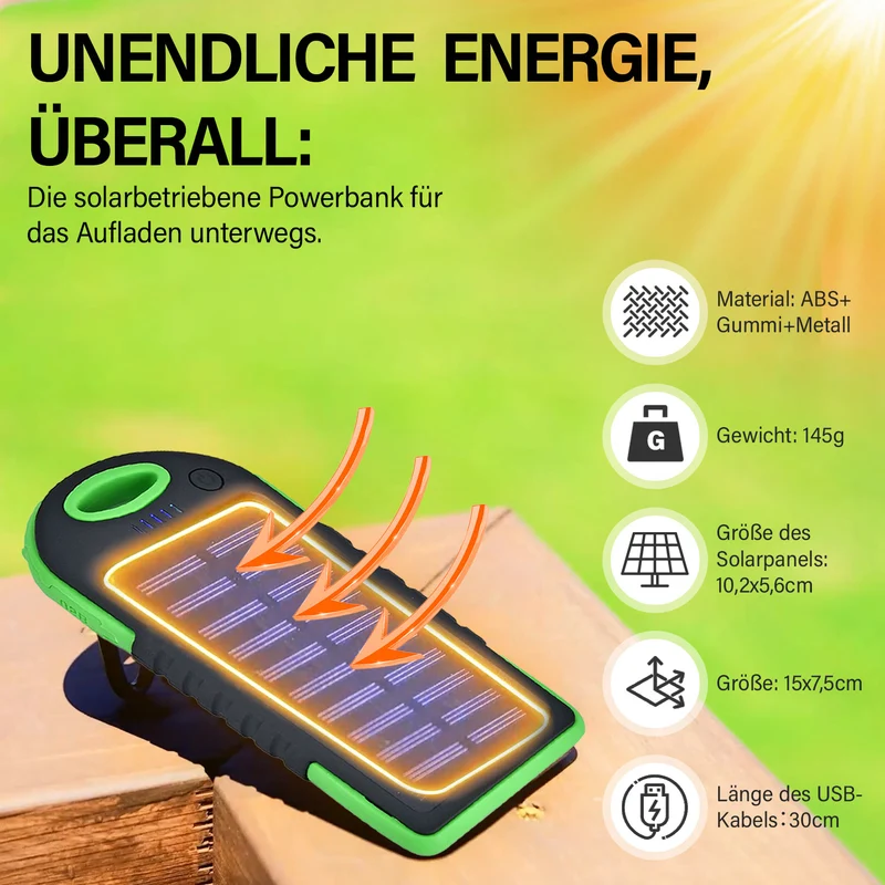 Multifunktionale Solar-Powerbank mit LED-Taschenlampe und Leistungsanzeige, 5000 Mah, USB- und Micro-USB-Anschluss, Schwarz