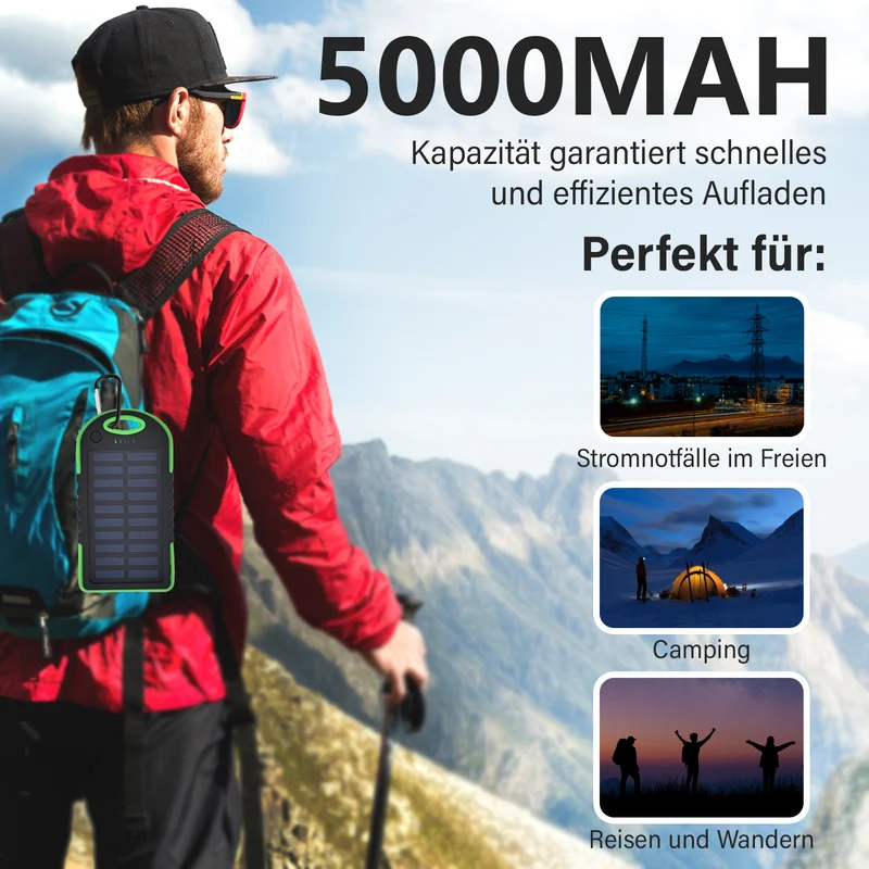 Multifunktionale Solar-Powerbank mit LED-Taschenlampe und Leistungsanzeige, 5000 Mah, USB- und Micro-USB-Anschluss, Schwarz