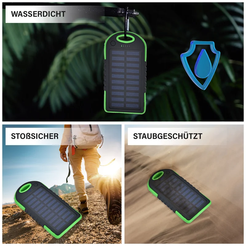 Multifunktionale Solar-Powerbank mit LED-Taschenlampe und Leistungsanzeige, 5000 Mah, USB- und Micro-USB-Anschluss, Schwarz