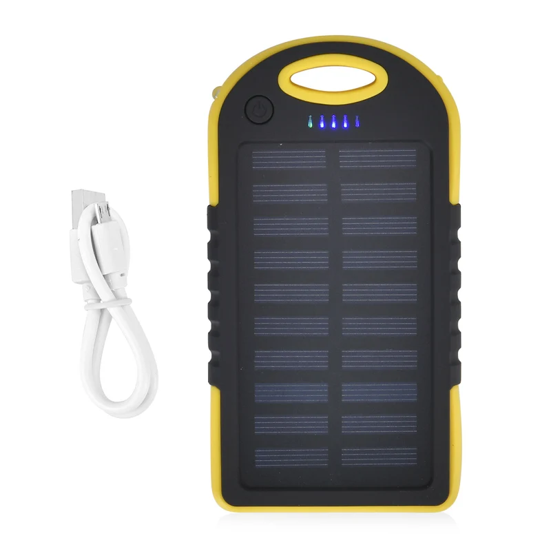 Multifunktionale Solar-Powerbank mit LED-Taschenlampe und Leistungsanzeige, 5000 Mah, USB- und Micro-USB-Anschluss, Schwarz