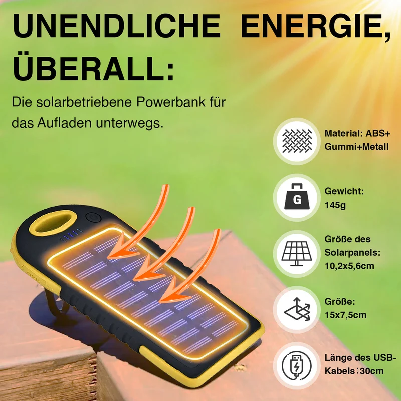 Multifunktionale Solar-Powerbank mit LED-Taschenlampe und Leistungsanzeige, 5000 Mah, USB- und Micro-USB-Anschluss, Schwarz