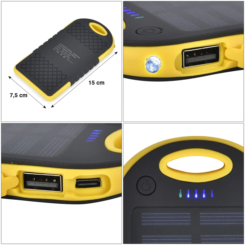 Multifunktionale Solar-Powerbank mit LED-Taschenlampe und Leistungsanzeige, 5000 Mah, USB- und Micro-USB-Anschluss, Schwarz